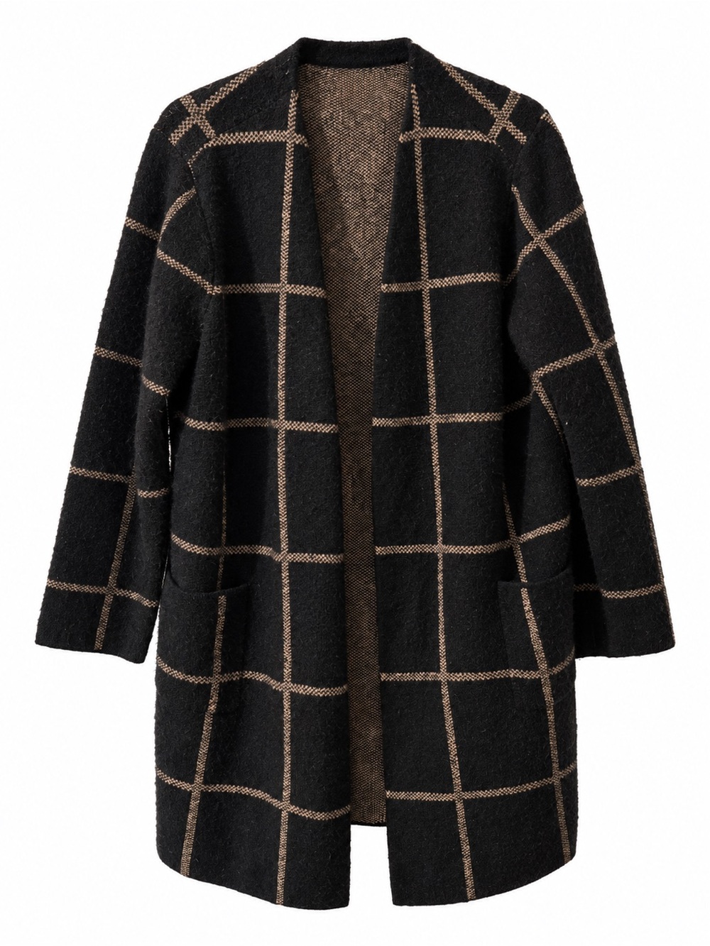 Women's Black Windowpane Open-Front sweater jacket